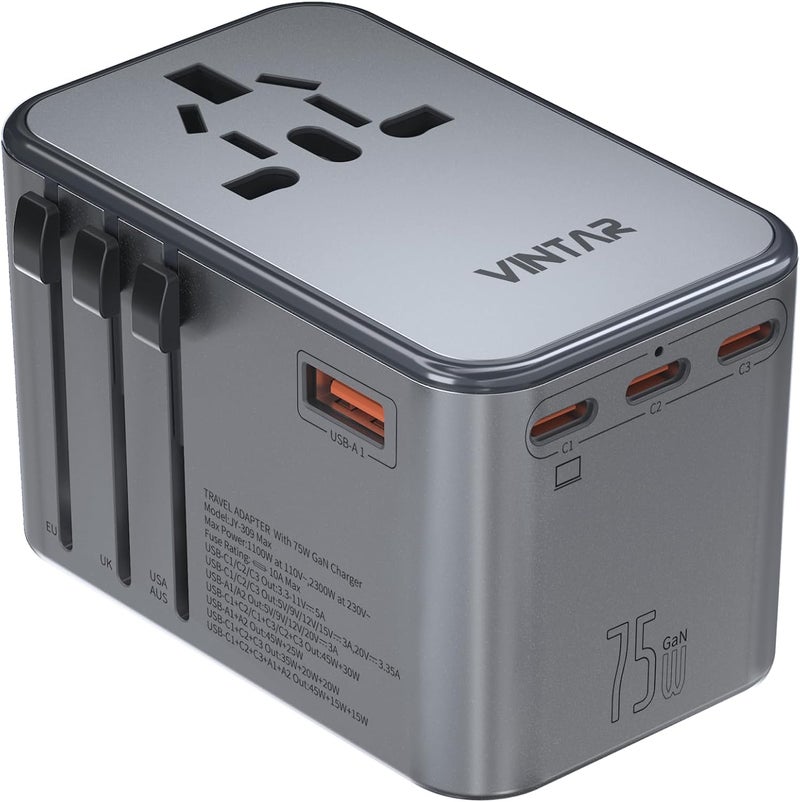 VINTAR محول سفر عالمي، محول طاقة دولي 75 واط GaN مع 3 منافذ USB-C PD و 2 منافذ USB-A QC، شاحن جداري محول شامل لأوروبا والمملكة المتحدة والولايات المتحدة وأستراليا (نوع C/G/A/I)، رمادي - Image 1